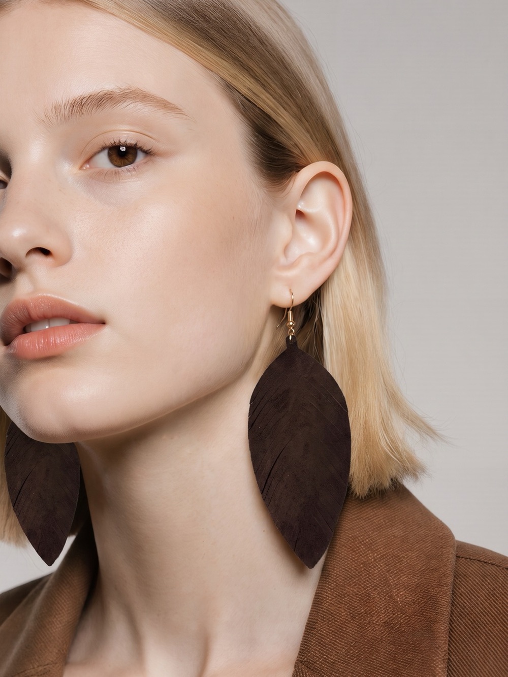 Genuine Dark Brown Leather Leaf Earrings